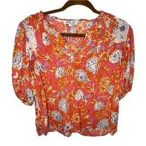 Rachel Zoe Coral and White Floral V Neck Blouse